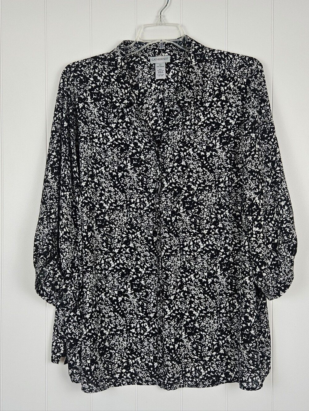 Catherines Blouse Button Up Black White Floral Womens 3x Lightweight 3/4 Sleeve